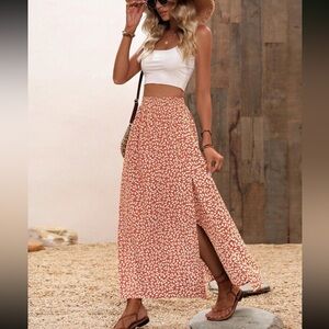 Boho orange floral print slit thigh maxi skirt